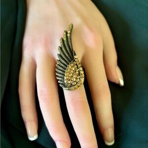 Large angel wing rhinestone ring